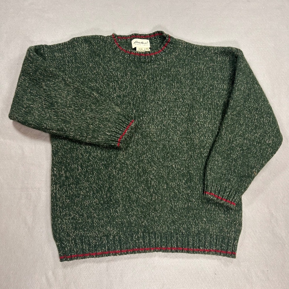 VTG 90s Eddie Bauer Mens 100% Wool Green Marl Crewneck Sweater Red Trim Size L